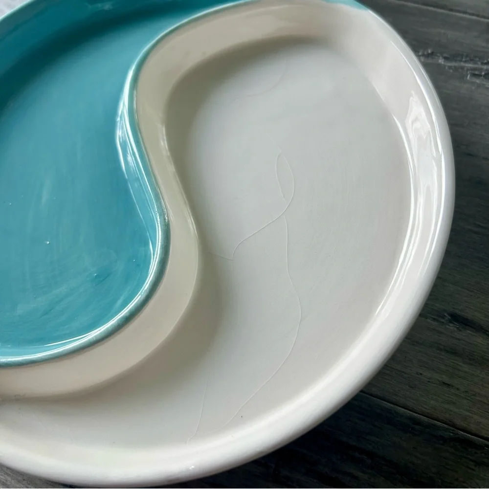Turquoise & White Enameled Yin Yang Ceramic Decor Tray Ring Bowl Dish - Picture 3 of 7